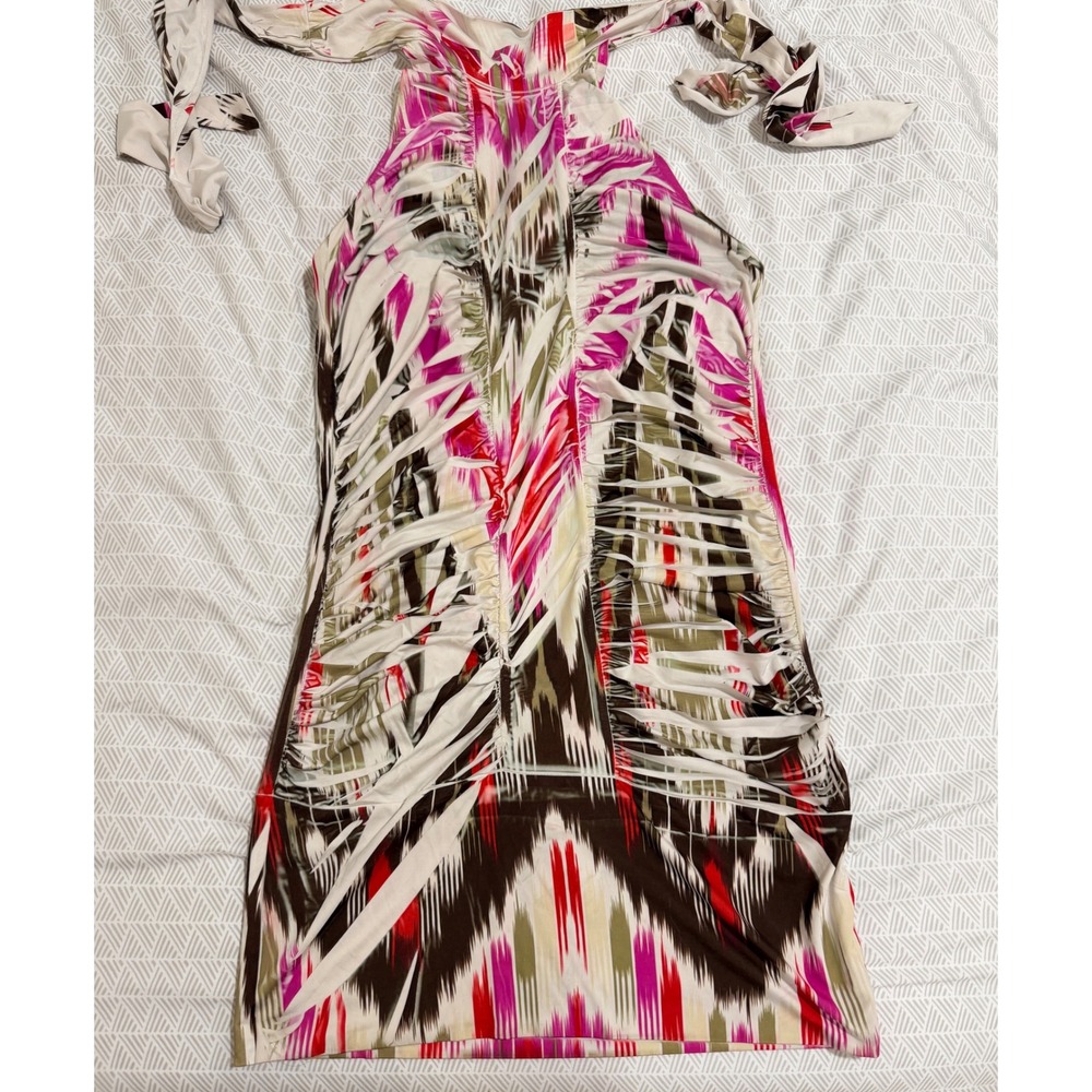 Vintage Y2K Papaya Halter Mini Dress Size Medium Multicolor Ruched indie sleeze